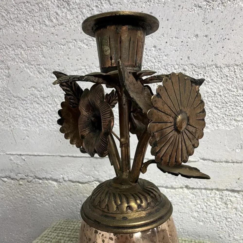 Vintage Brass Copper Candle Holder Mercury Glass Floral Flowers 8” Boho Decor